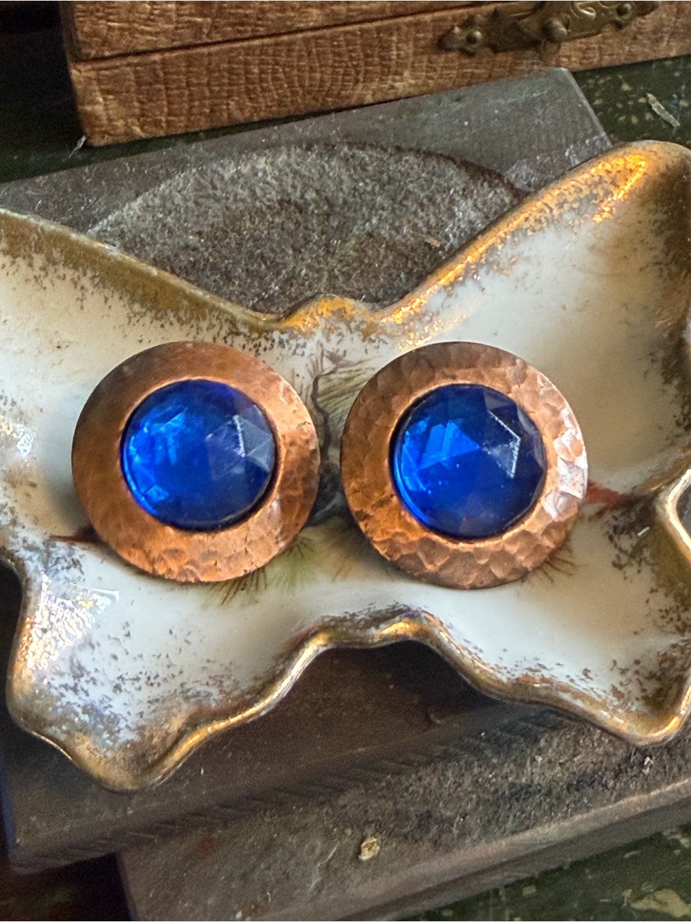 Vintage cobalt blue glass & copper earrings